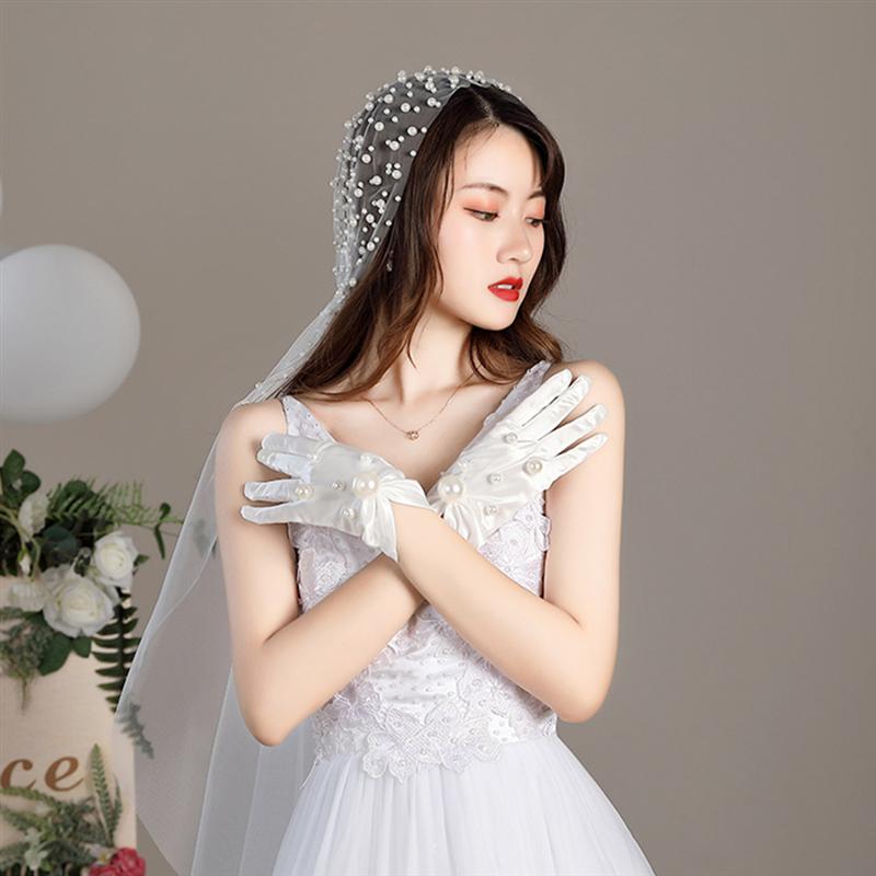 1 Pair Wedding Bridal Satin Gloves Imitation Pearl Inlaid Gloves for Lady White