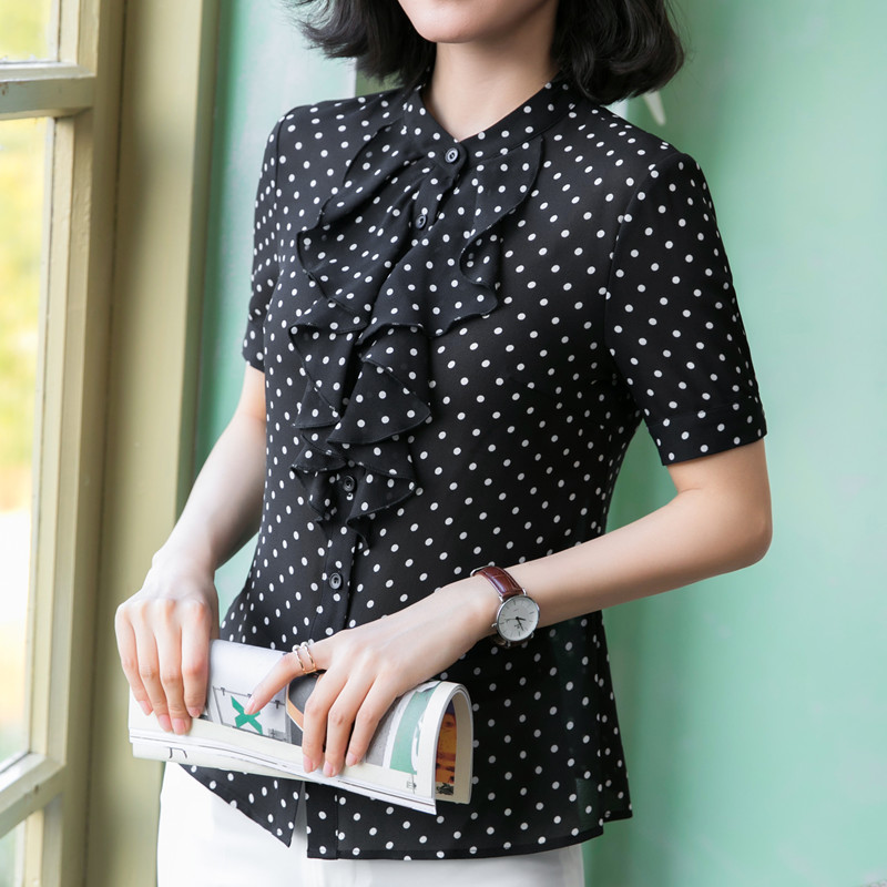 Sort hvid prikket skjorte kvindelig kortærmet chiffon slim flæsede bluser sommer stand krave toppe