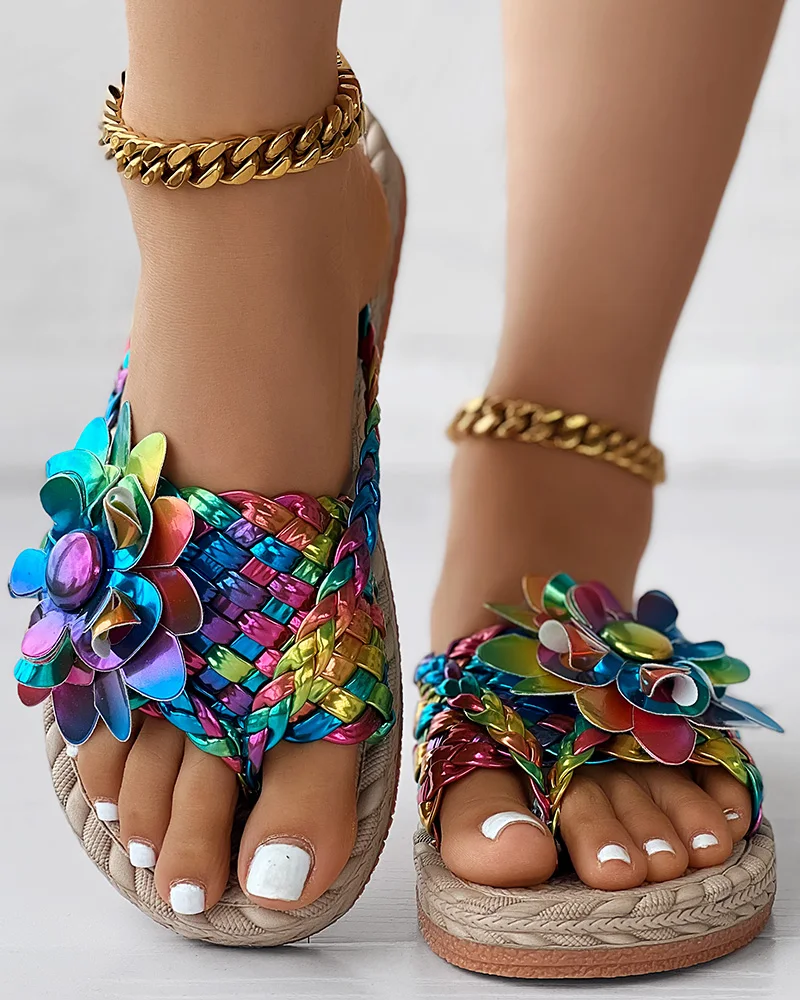 Frauen lässig Schuhe Flache Holographische Geflochtene Blumenmuster Zehen Post Strand kippen-Flops