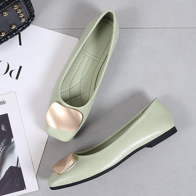 Mocassins de à bout carré pour femmes, ballerines plates à la , chaussures de peu profondes, boucle en métal,: GREEN / 5