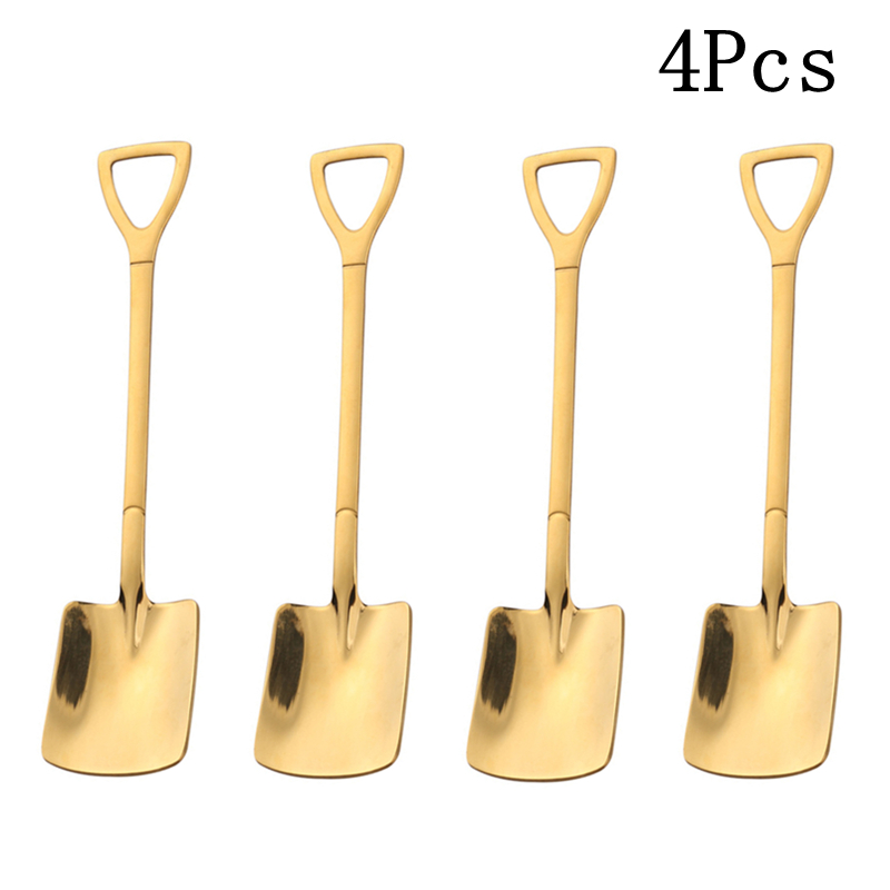 4PCS Coffee Spoon Cutlery Set Stainless Steel Retro Iron Shovel Ice Cream Spoon Fork Spoon Fruit Fork Tableware: 4Pcs Gold B