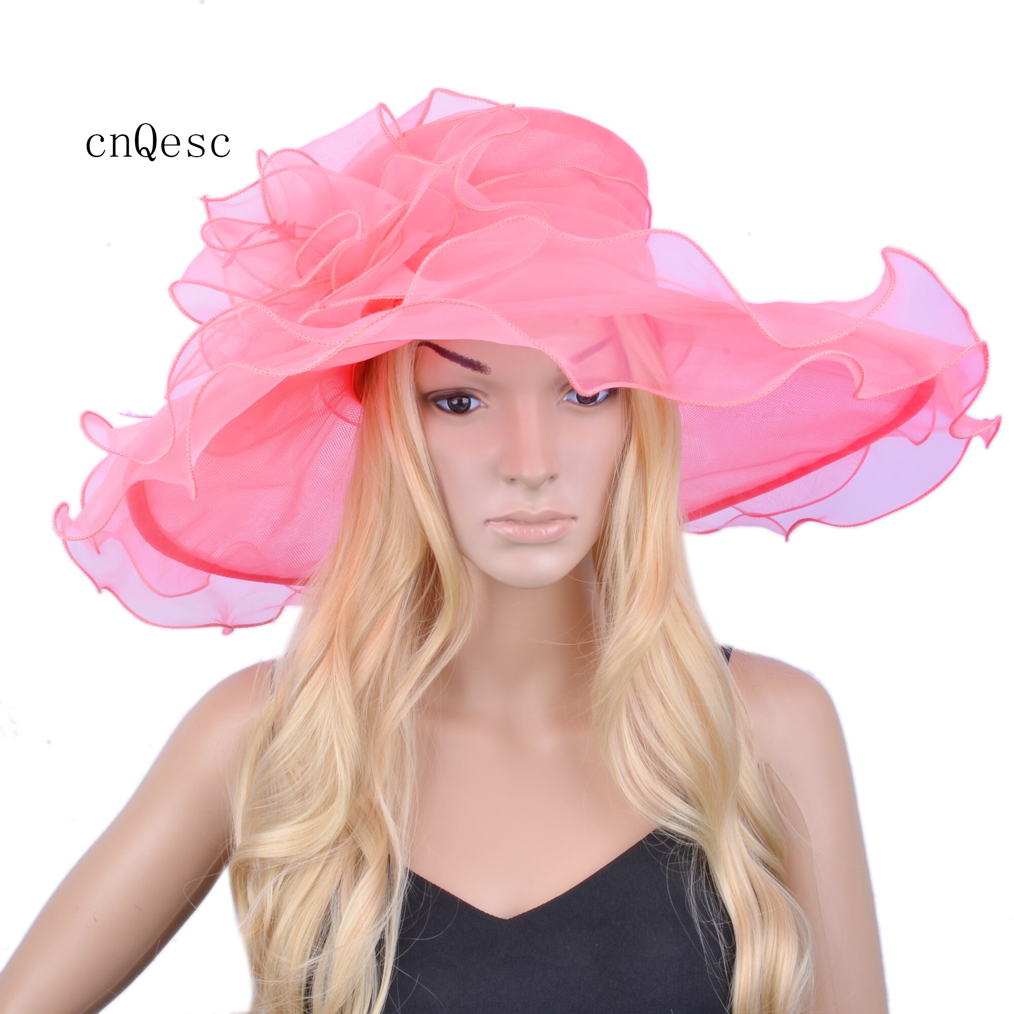Watermelon pink X Large wide brim Organza Hat Hair Accessory sinamay fascinator for Church wedding,brim width 15.5cm.