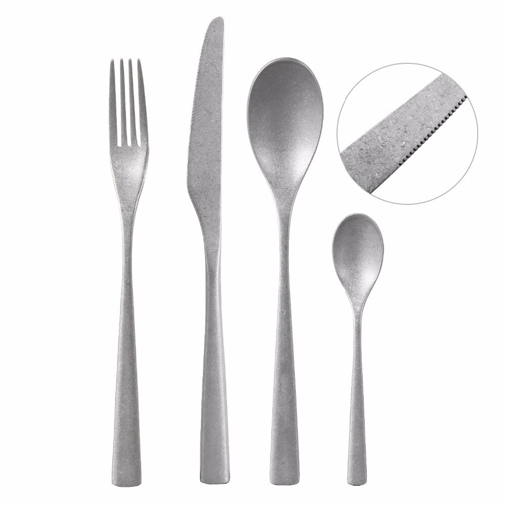 4 stk/sett retro bestikk middagssett gammelt servise 304 rustfritt stål gullgaffel skje kniv sett bestikk servise restaurant: Sølv