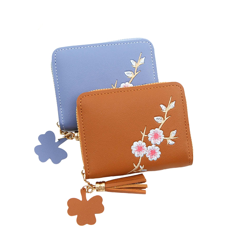 Women Wallets Ladies Flower Embroidery Tassel Short Wallet Girls Cute Zipper Purse Change ID Card Coin Pocket Card Holder