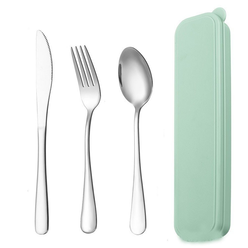 Tragbares Reiseutensilien-Set mit Koffer, wiederverwendbares Besteck aus Edelstahl, Besteck, Campingbesteck, inklusive Gabel, Löffel, Messer: green