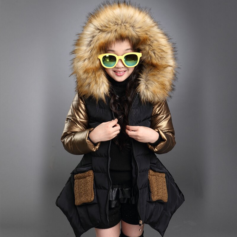 girls winter coat 4-13 years old children's down jacket hooded Fur collar Gold stitching sleeves Classic coat