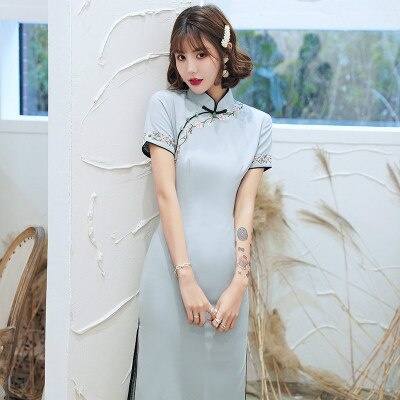 Yksivärinen itämainen tyyli mekot joustava kangas kirjonta päivittäin cheongsam qipao mekko: G6628 vaaleansinistä / Xl
