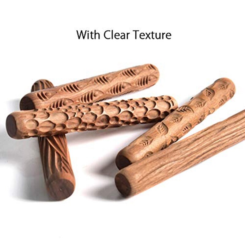 Rodillo de barro con textura de madera, herramientas de cerámica, talla de alfarería, patrón en relieve, varilla en relieve, rollo de barro, 5 uds.