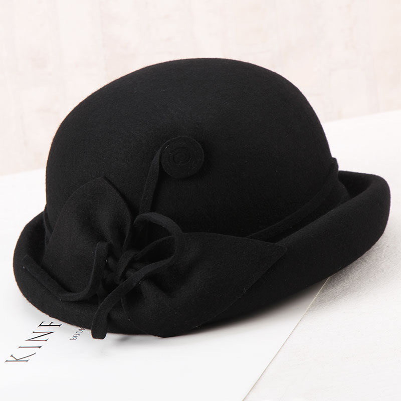 H274 jesień zima kapelusze z wełny kapelusz kobiety eleganckie moda Bowknot retro umywalka czapka panie czystego kolor wijący się kościół czapki imprezowe