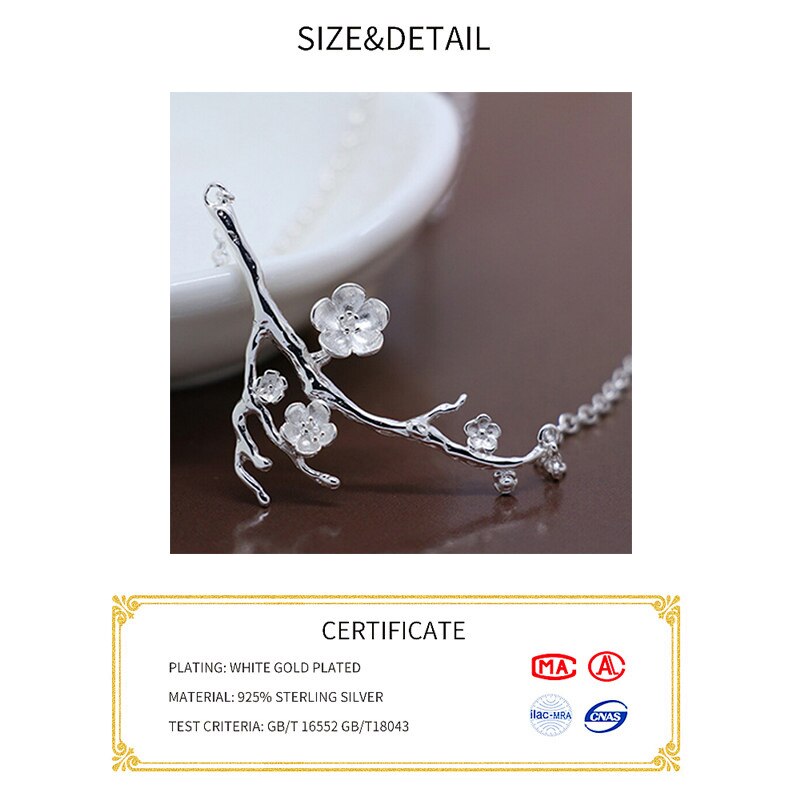 Pure 925 Sterling Silver flower branch Pendant Necklaces for Women Jewely Small Chokers Necklaces Fine Jewelry 4.9