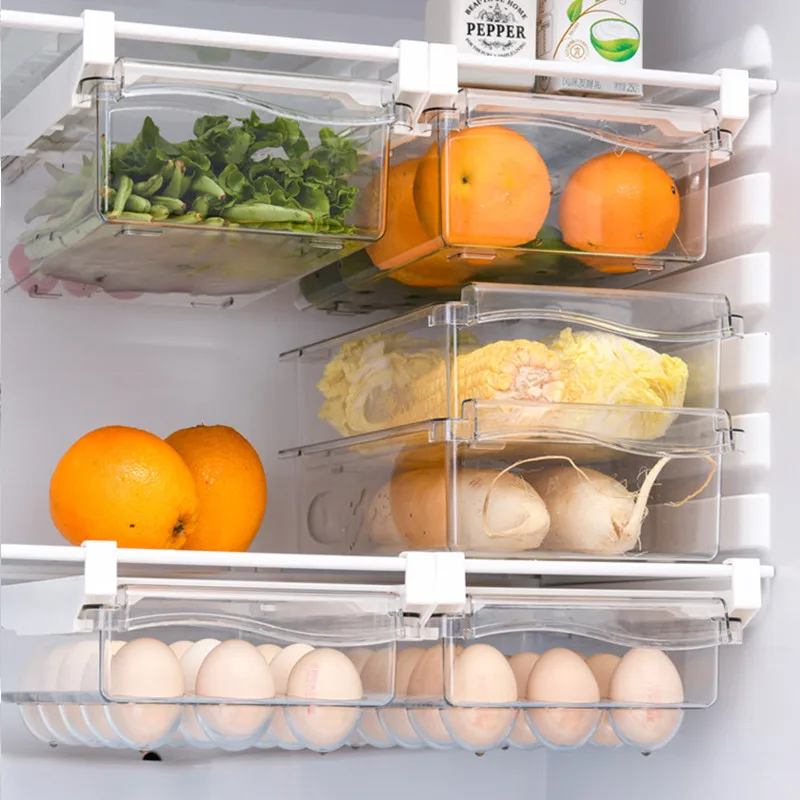 Fridge Organizer Slide Under Shelf Drawer Rack Holder Refrigerator Organizer Pantry Kitchen Organizer Fruit Food Storage Box