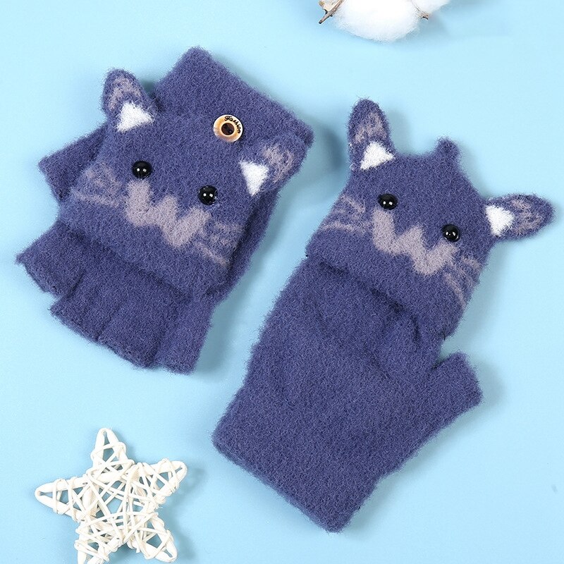 Nette Karikatur Baby Handschuhe freundlicher Winter Gestrickte Fäustlinge Handschuhe Dicke Warme Halb Finger Handschuhe freundlicher Fingerlose Handschuhe für Mädchen: Marine