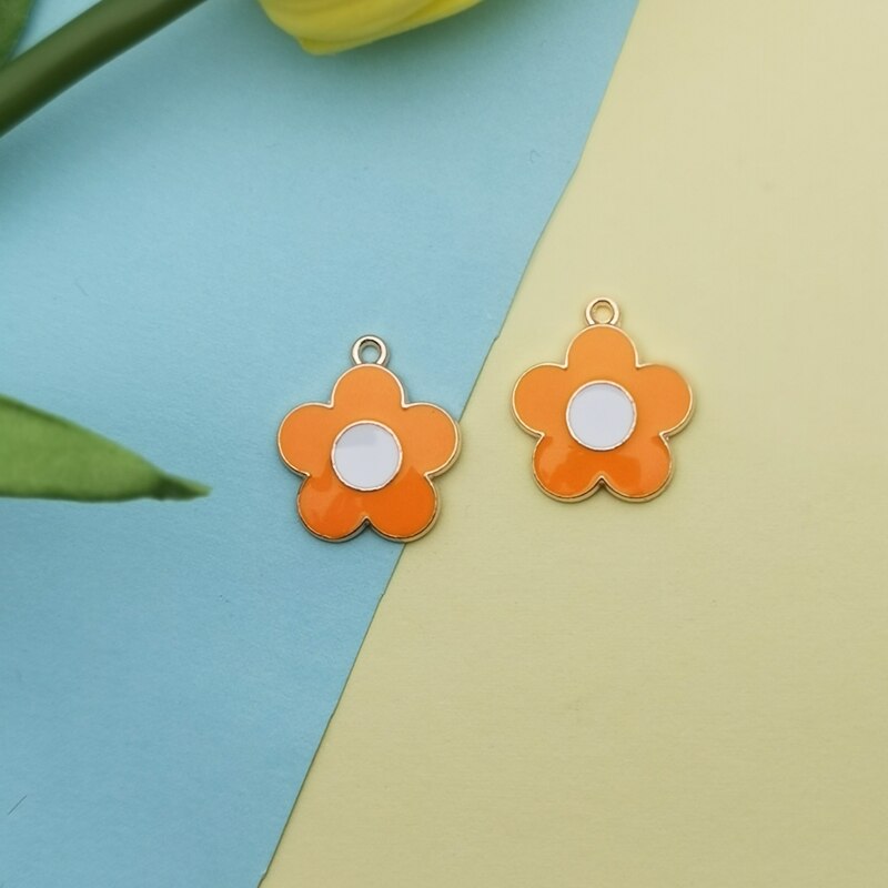 10PCS Colorful Flowers Enamel Charms Gold Tone Little Flower Alloy Pendants Fit Making Earring Hair Jewelry DIY Accessory FX494: orange