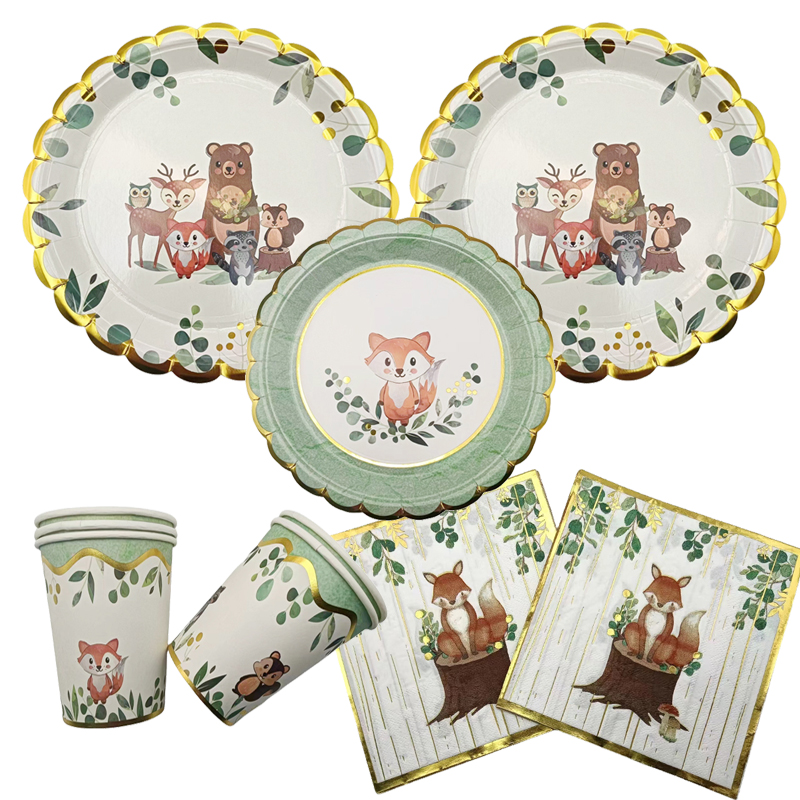 8Pcs Stamped Little Fox Disposable Paper Plate Cup Happy Birthday Picnic Party Baby Shower Jungle Party Decorative Supplies