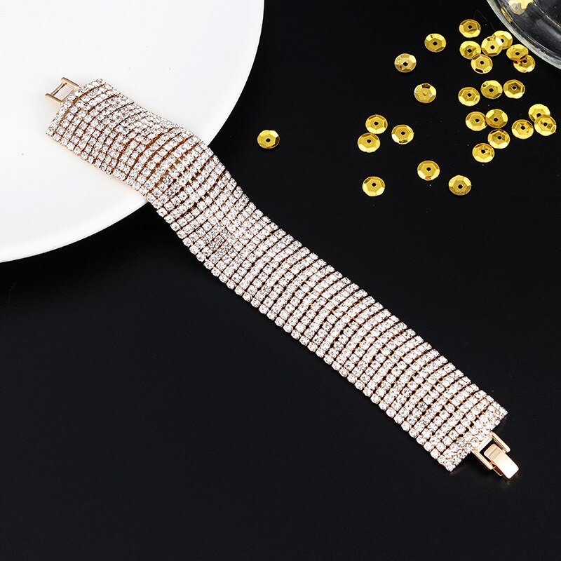 Pulsera de lujo con diamantes de imitación para mujer, brazalete de cristal, pulsera nupcial de boda, joyería de Color dorado y plateado: 11row-gold