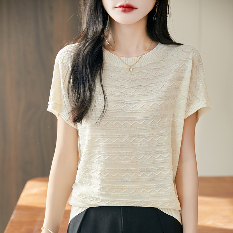 Summer women's T-shirt Lyocell knitted short sleeved casual striped Tees loose round neck Tops Blouse: XL / Beige