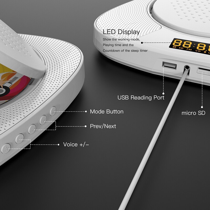 CD Player Wall-Mounted Bluetooth Portable Home Audio with Remote Control FM Radio Built-in HiFi Speakers USB MP3