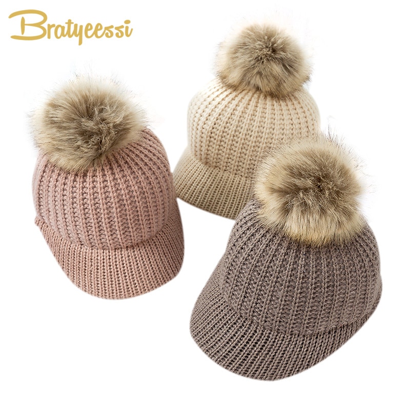Stickad babymössa pompom vinterkeps för barn justerbar solid baby vintermössa tillbehör barnmössa för 2-5 år 1pc