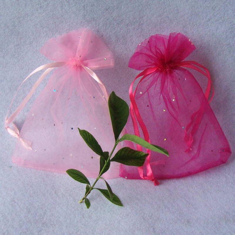 1 10 Stuks 15*20Cm Roze Paars Pailletten Drawable Organza Zakjes Tassen Voor Sieraden Wedding Candy Verpakking kleine Tassen