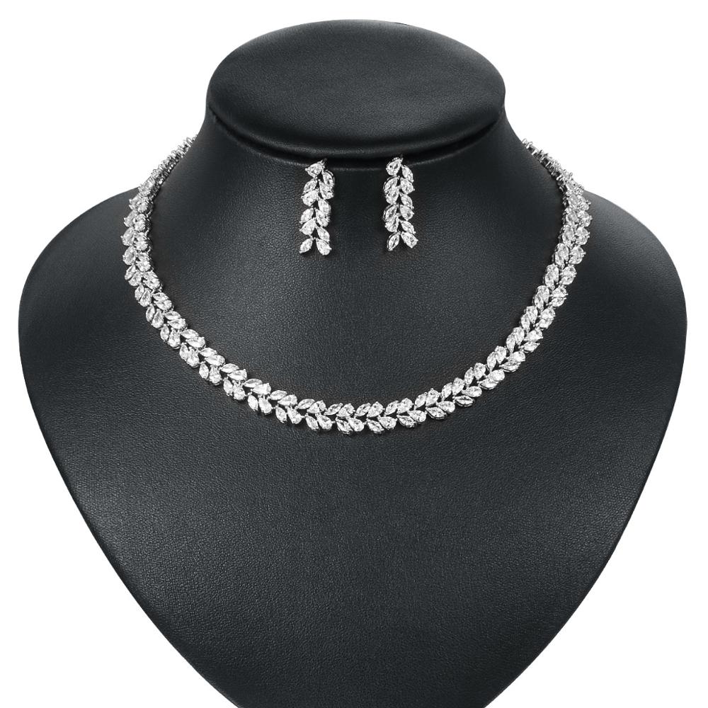 WEIMANJINGDIAN Brand Marquise Cut Cubic Zirconia Leaf Tennis Necklace and Earring Wedding Bridal Jewelry Set