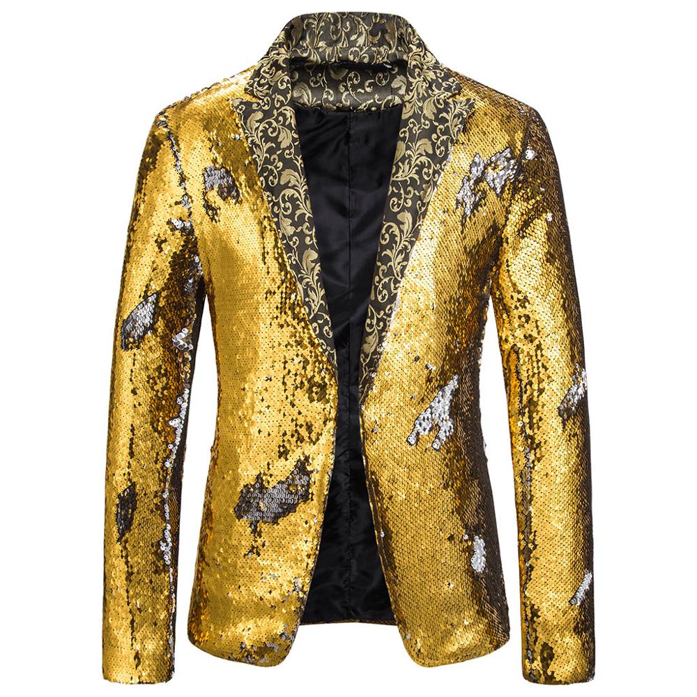 del encanto de los hombres Casual Fit chaqueta de traje de lentejuelas Patchwork chaqueta: Gold / XXL