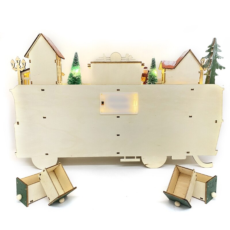 Kerst Houten Advent Kalender Bus Ornament Met Lades Led Light Up Dorp Scène 24 Dag Countdown Xmas Tafel Top