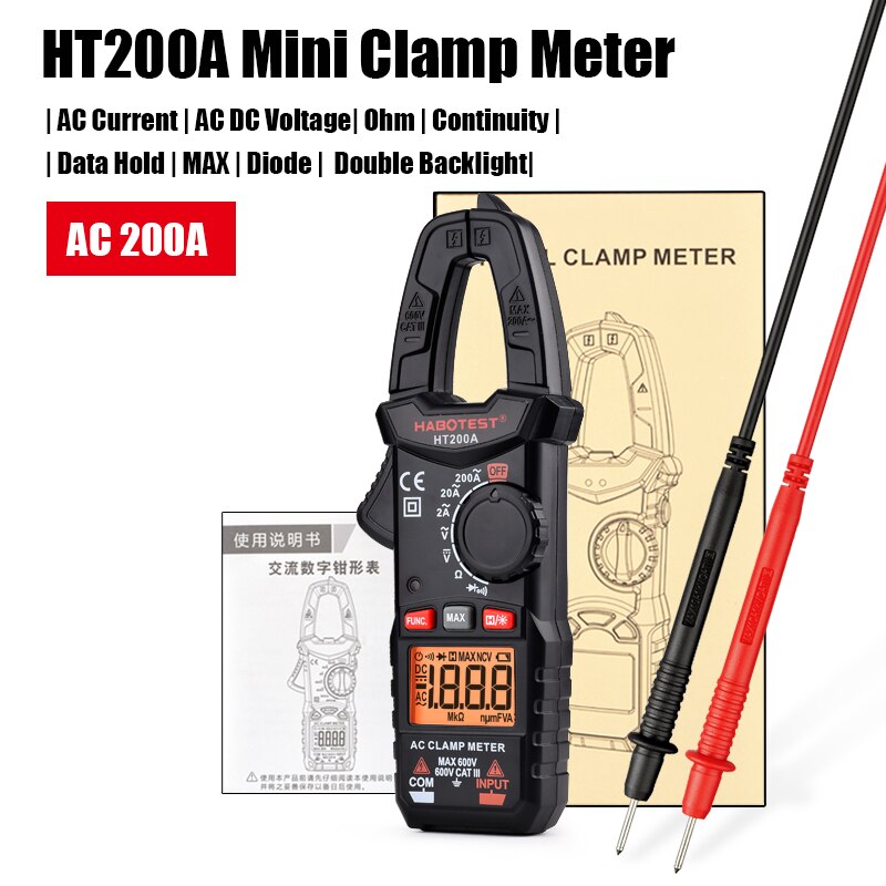 HABOTEST-Mini multímetro de pinza manual serie HT200, AC medidor de pinza Digital, Ohm, capacitancia DC 600V, comprobador de voltaje de rango automático: HT200A