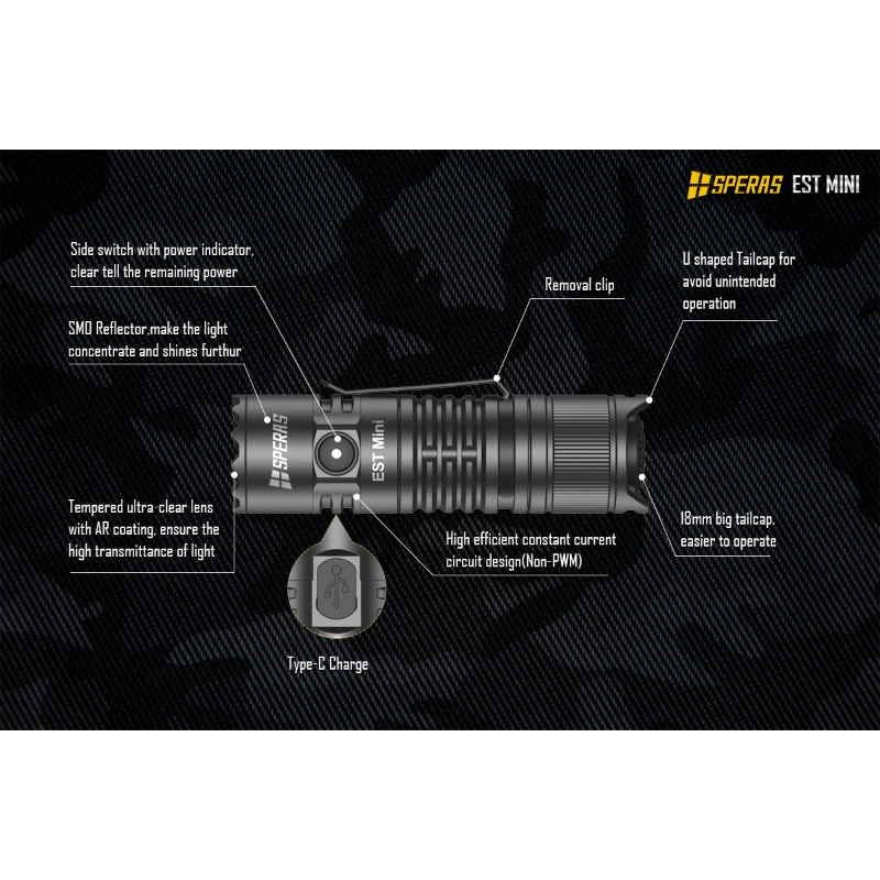 Speras edc-lommelykt anslått mini 1900 lumen bakbryter ledet-lommelykt usb c oppladbar liten lommelykt til camping