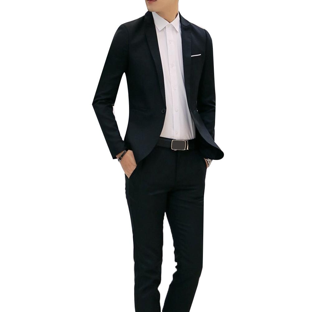 2 Pièces Grande Taille Hommes Couleur Unie À Manches Longues Revers Mince Bouton Costume Homme mariage Bureau Réunion Ensembles Vêtements Pour Hommes: Black / L