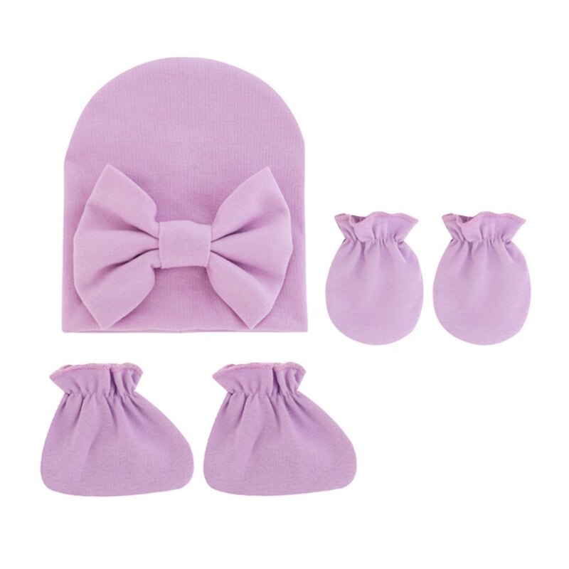 Baby Strik Hoed Geen Kras Handschoenen Voet Cover Set Zuigelingen Zachte Katoenen Wanten D5QA: Purple