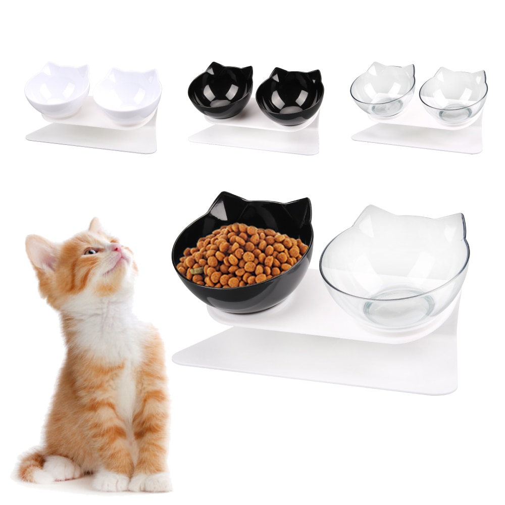 Cat Double Bowl Kitten Bowl Dog Bowl Transparent Material Non-slip Food Bowl With Protection Cervical Transparent Cat Supplies