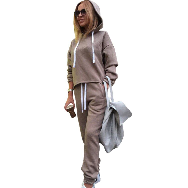 Autumn Tracksuit Long Sleeve Thicken Hooded Sweatshirts 2 Piece Set Casual Sport Suit Women Running Set: Khaki 2Pcs Suit / L