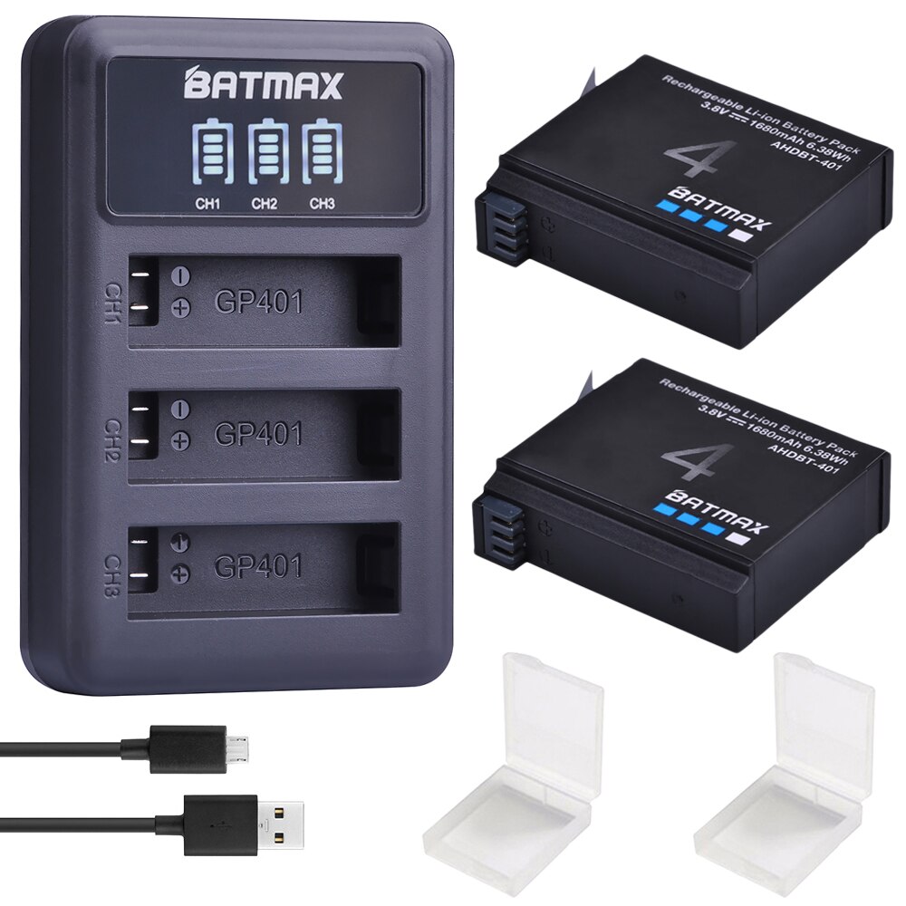 4 Stuks 1680Mah Gopro Hero 4 Batterij Vervanging + Led 3-Slots Usb Lader Voor Gopro HERO4 Gopro AHDBT-401 Actie Camera Bateria: 2 Battery 1 Charger
