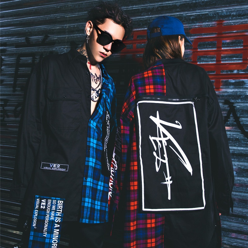 Mens Hip hop Color Block Patchwork Oversized Plaid Shirts letter printed Long section Curved hem Casual Long sleeves Shirts