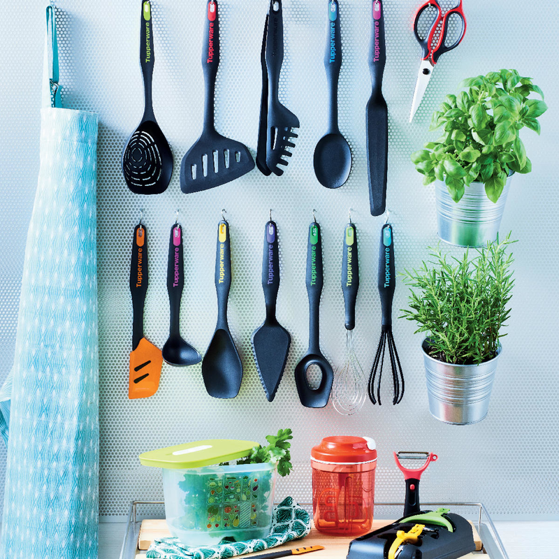 Tupperware-cuchara multiusos para cocinar, cuchara de mezcla negra y azul, cuchara de cocina superior, cuchara de cocina lista para retención