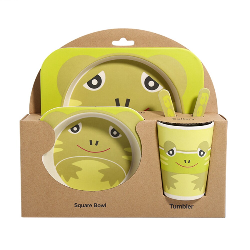 5pcs/sets Baby Dish Tableware Set Natural Bamboo Fiber Bowl With Cup Spoon Plate Fork Feeding Dishes for Kids Utensils: Silver