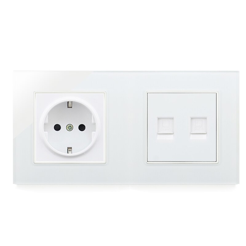 Atlectric EU DE Standard Plug Wall Power Socket RJ45 Computer TV PC Port Double Socket Power Electrical Outlet Tempered Glass: 1Socket Double Rj45