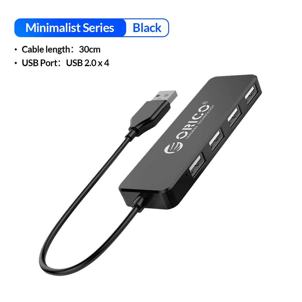 ORICO 4 Port USB HUB USB 2.0 HUB Ultra Slim Data HUB ABS Mini USB Splitter laptop accessories Hub USB for PC Computer Notebook: Minimalist Black
