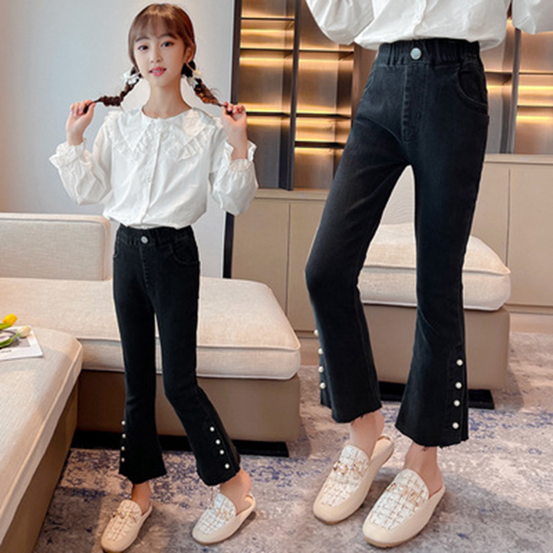 Casual Black Color Girls Jeans Cotton Pearl Bottom Flare Pants Teenage Skinny Trousers for Spring Autumn Clothes 6 8 11Years OId