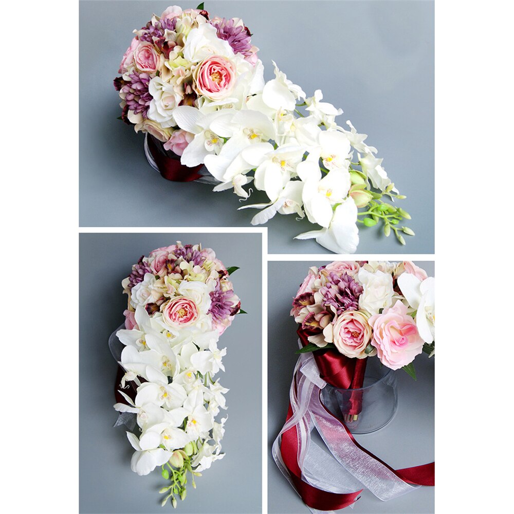 Ramos De boda De cascada, flores artificiales, perlas, cristal azul y blanco,: pink