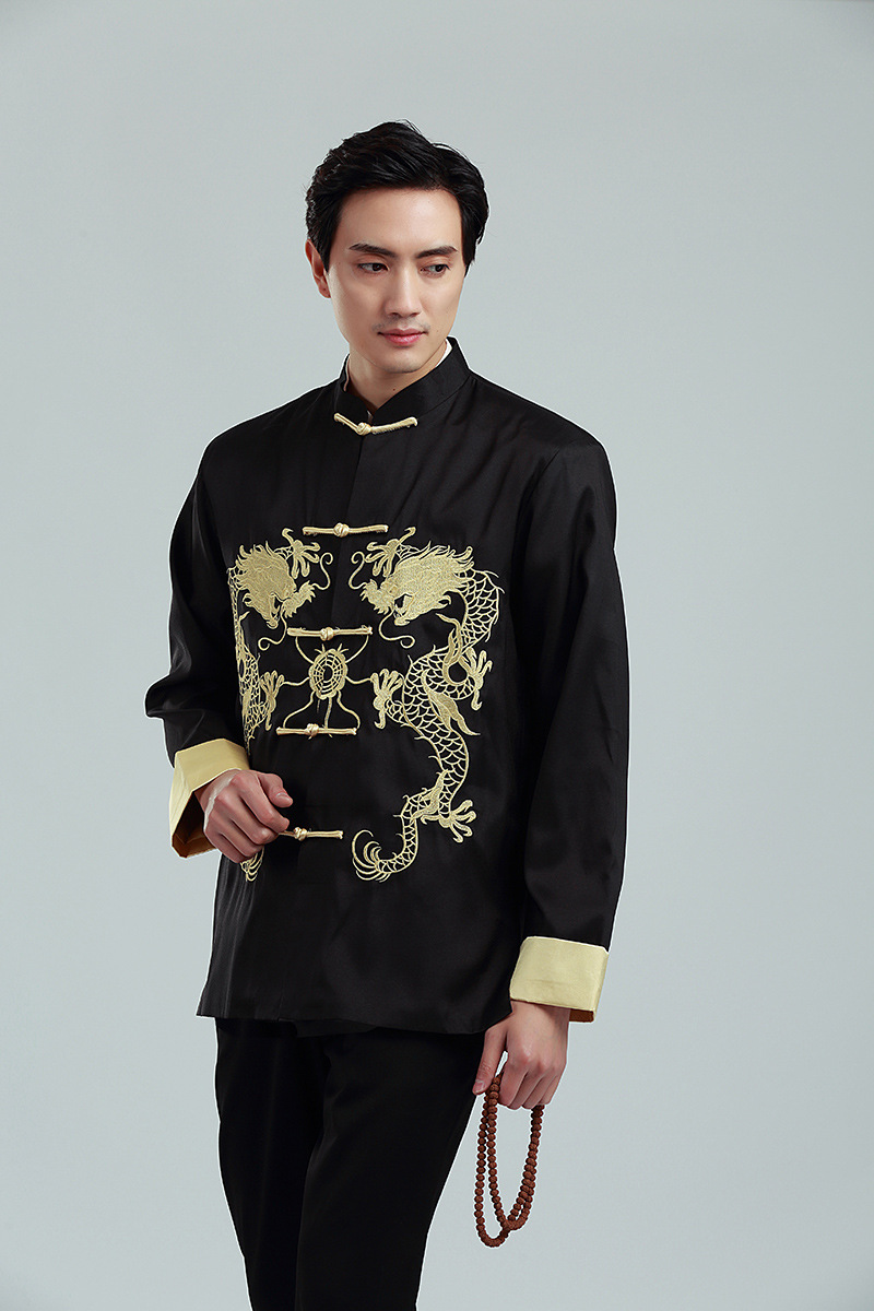 Chinese Kung Fu Geborduurde Gouden Dubbele Draak Tang Pak Mannen Met Lange Mouwen Jas Lente Herfst Leisure Kraag Jas bruce Lee: Black / L