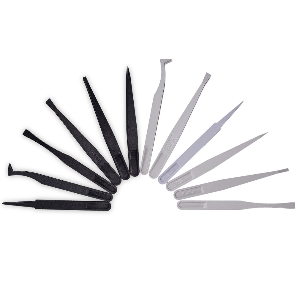 12 Size Anti-static ESD Plastic Tweezers Set Pointed Flat Curved Tips Tweezers for Electronics Phone PCB Repair Tools Kit