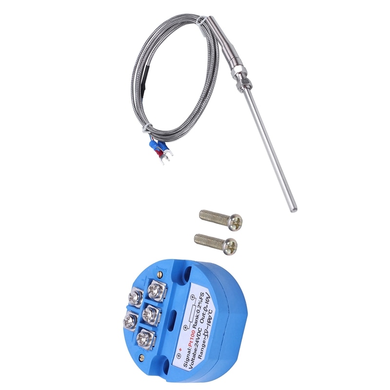 1Pcs RTD PT100 Temperature Transmitter DC24V Minus 50 - 100 Degree Output 0-10V & 1Pcs Steel Temperature Probe Pt100 RTD Sensor