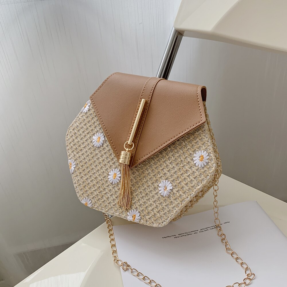 Zomer Stro Tassen Voor Vrouwen Hex-Vorm Stro + Pu Schoudertas Kwastje Rotan Strand Bohemian Crossbody Vrouwelijke reizen Keten Tas: Daisy Brown