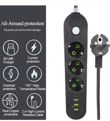 Rundpinne eu rus plugg forlenger grenuttak 1.8m universaluttak med usb ladeport kabel 3 stk usb grenuttak