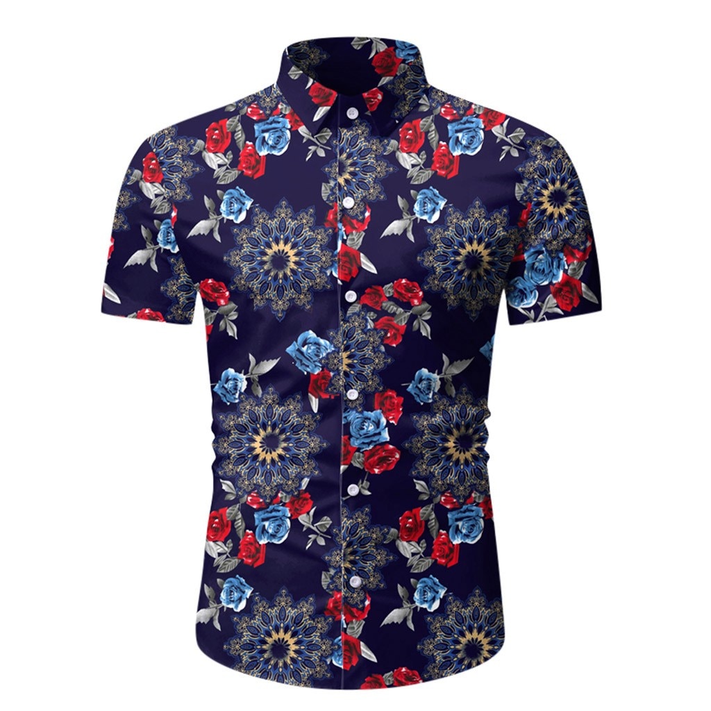 Mænds slim fit skjorter med blomsterprint til mænd kortærmet blomstret skjorte herre basic toppe afslappet plus size skjorter chemise homme #g2: Blå / Xl