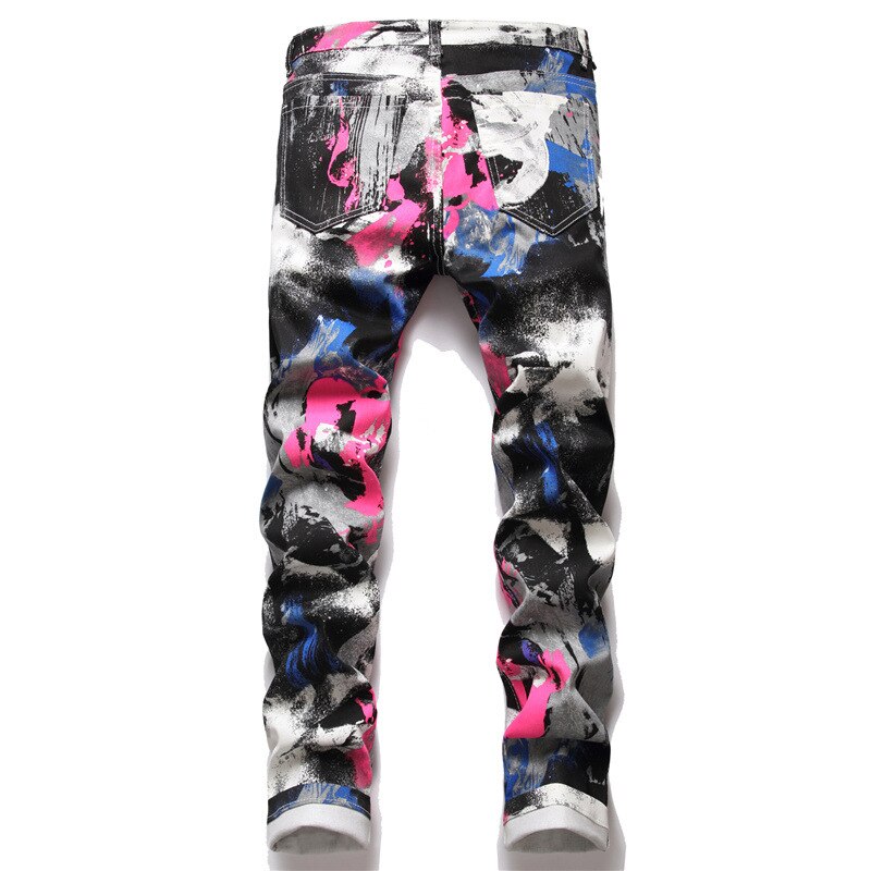 Men's Colored Painted Digital Printed Jeans Slim Stretch Denim Pants Trendy Trousers