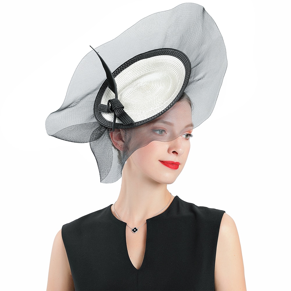 British Royal Wedding Hats Fascinators For Women Fedoras Hat White Straw Feather Bow With Veil Prom Church Cap Party Hat