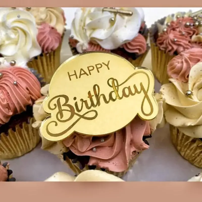10 stück kuchenaufsätze „glücklich birthday“, goldfarbene, runde acryl-cupcake-aufsätze für kindergeburtstage, babypartys, tortendekorationszubehör: Olive
