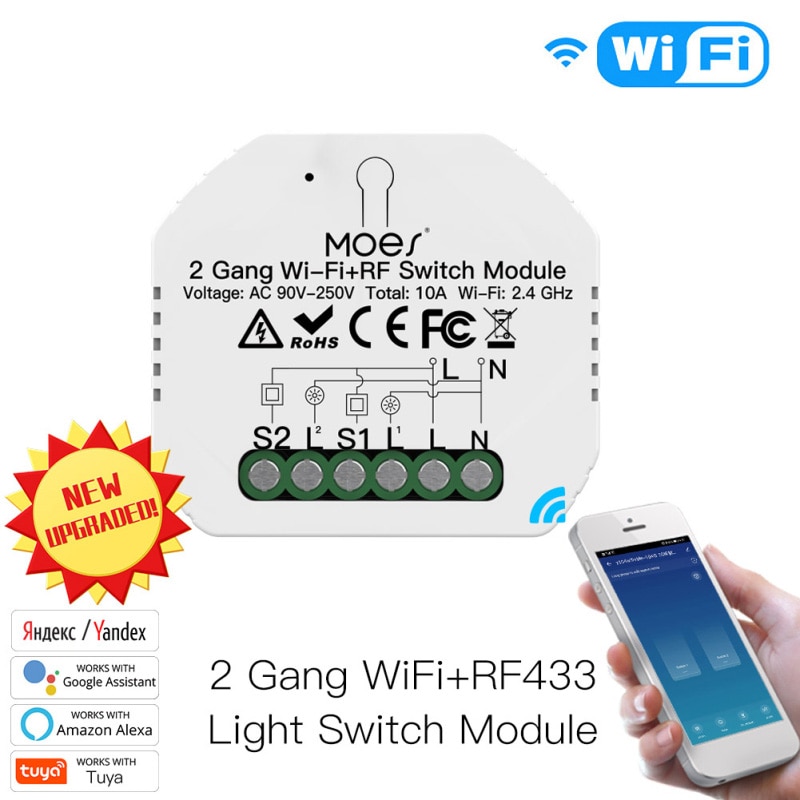 Covered 2 Gang 2 way WiFi+RF433 Smart Light Switch Module Smart Life/Tuya APP Remote Control Work with Alexa Google Home Modules